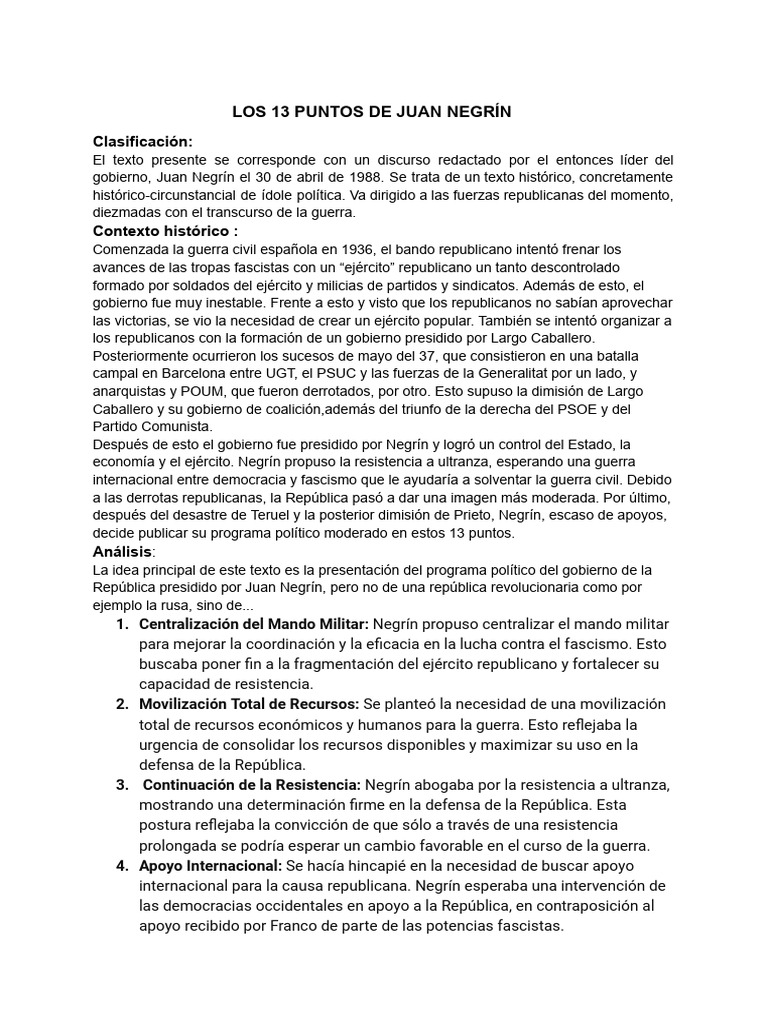 13 Puntos Clave de Juan Negrín | PDF | guerra civil Española | Conflictos