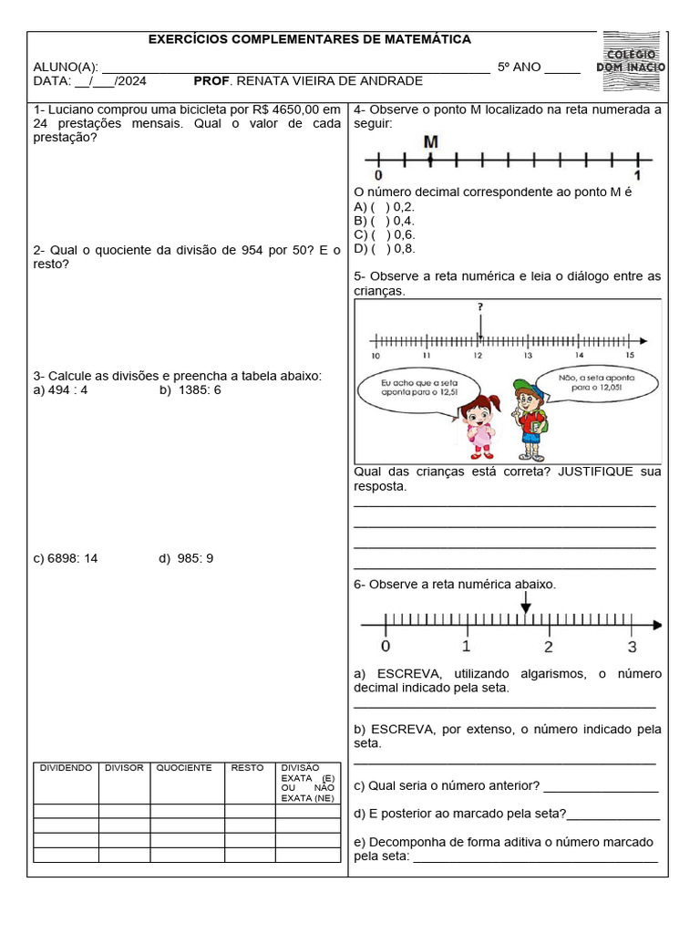 Exercícios de Matemática - 5º Ano | PDF | Notação matemática | Matemática