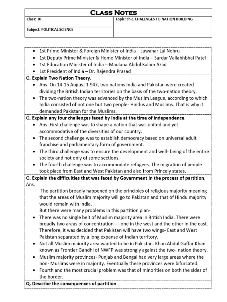 Challenges of Nation Building in India | PDF | Partition Of India | Two ...