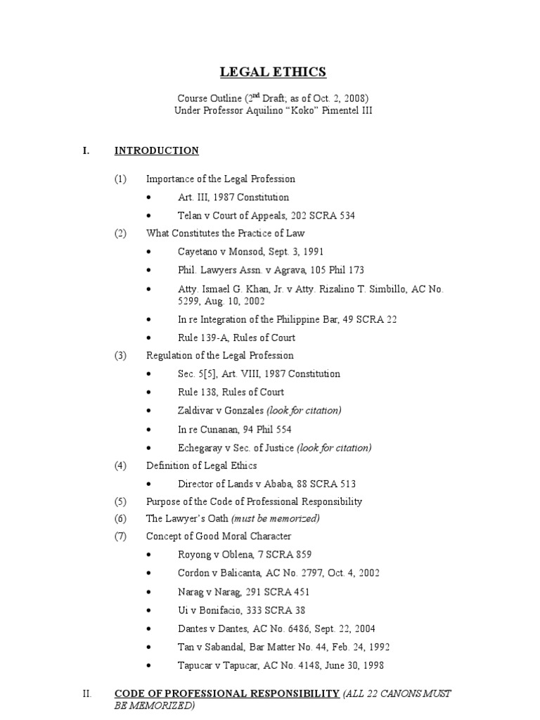 LEGAL ETHICS Course Outline Practice Of Law Lawyer