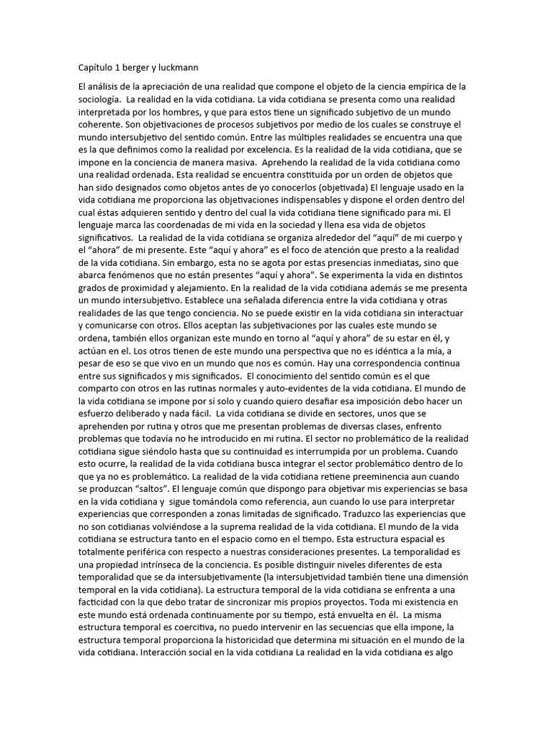 Capítulo 1 Berger Y Luckmann Pdf Realidad Conocimiento