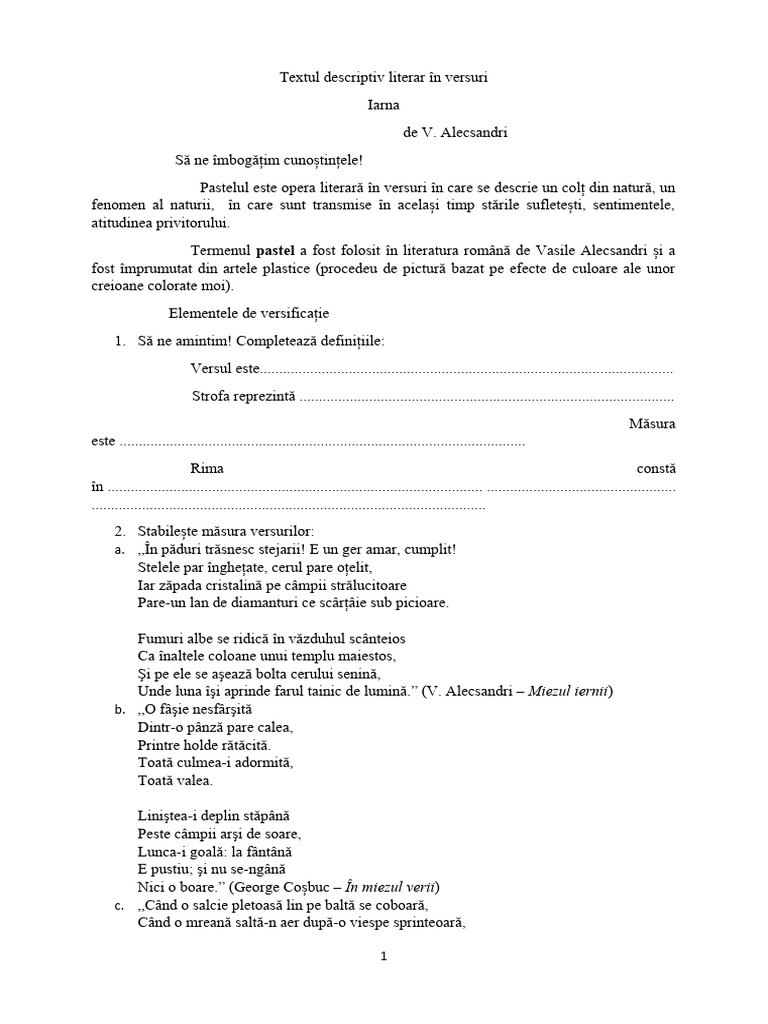 Textul Descriptiv Literar În Versuri - Elem. de Versificatie | PDF