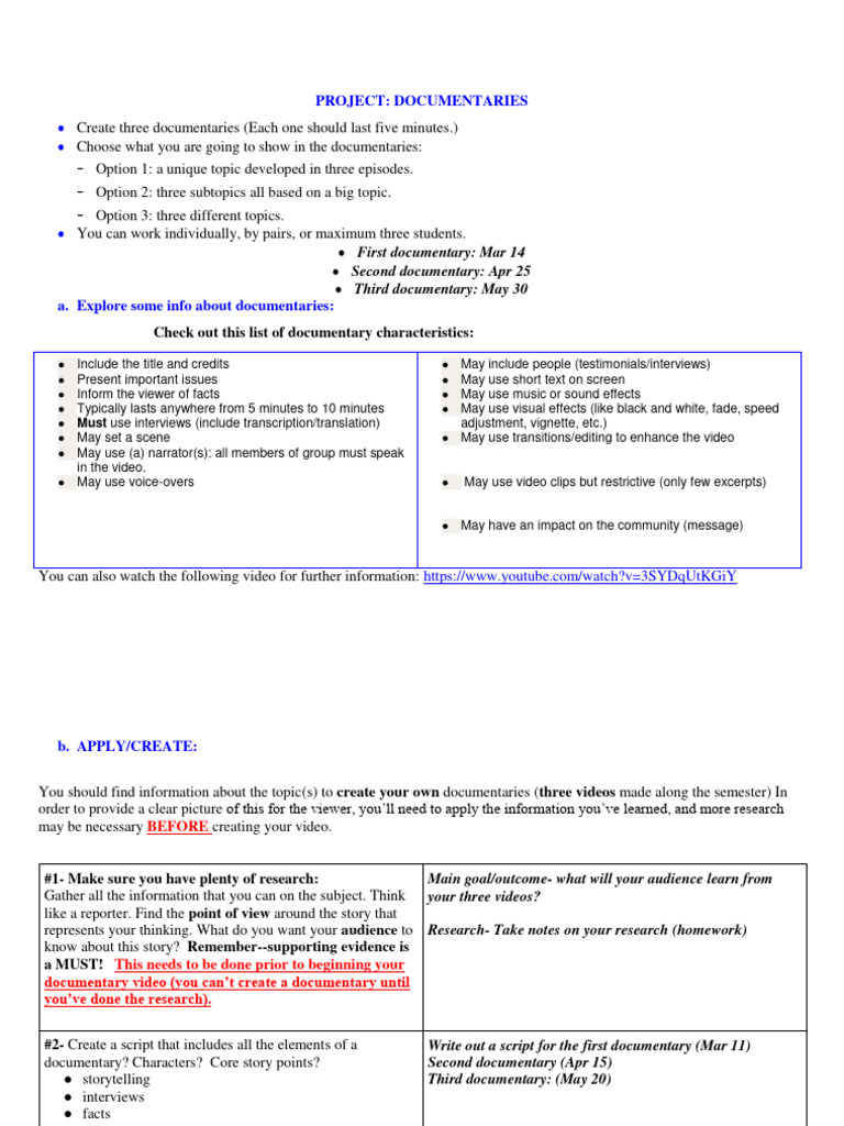 Documentaries Project Guidelines | PDF | Documentary Film | Human ...