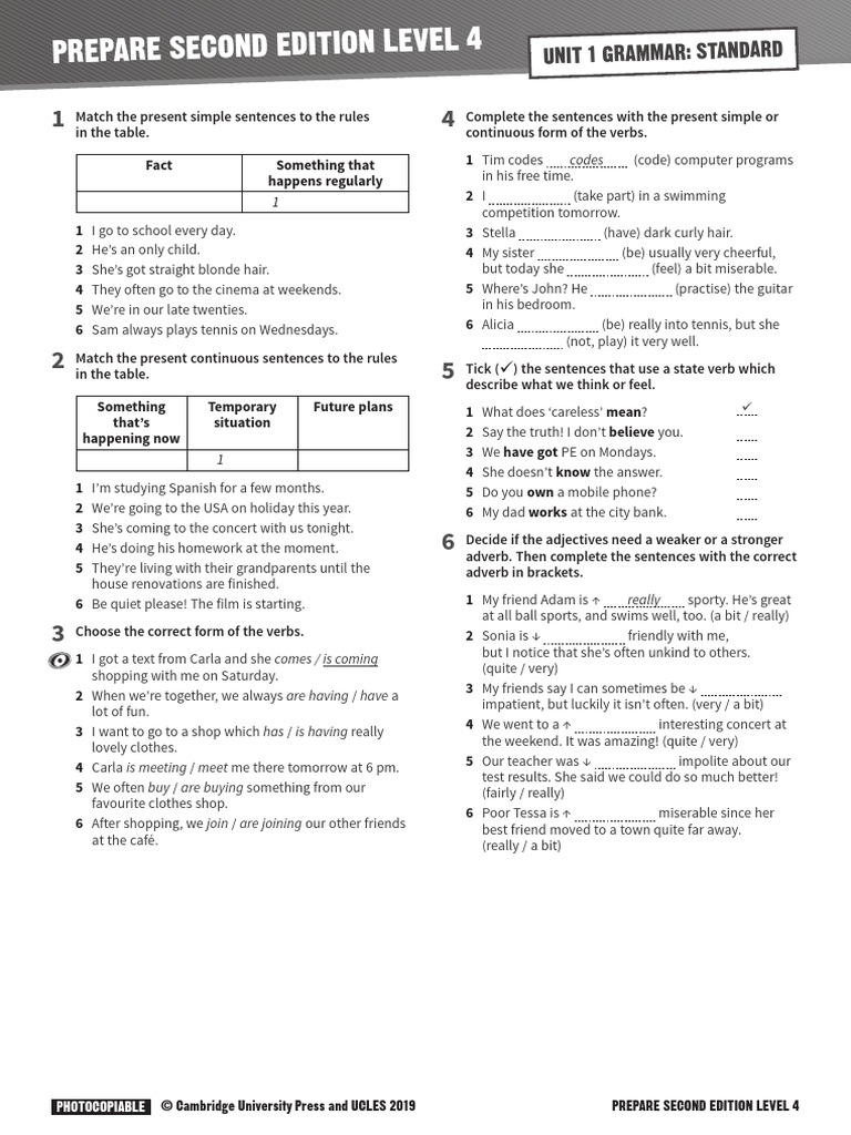 Present Simple and Continuous Grammar Exercises | PDF | Linguistic ...