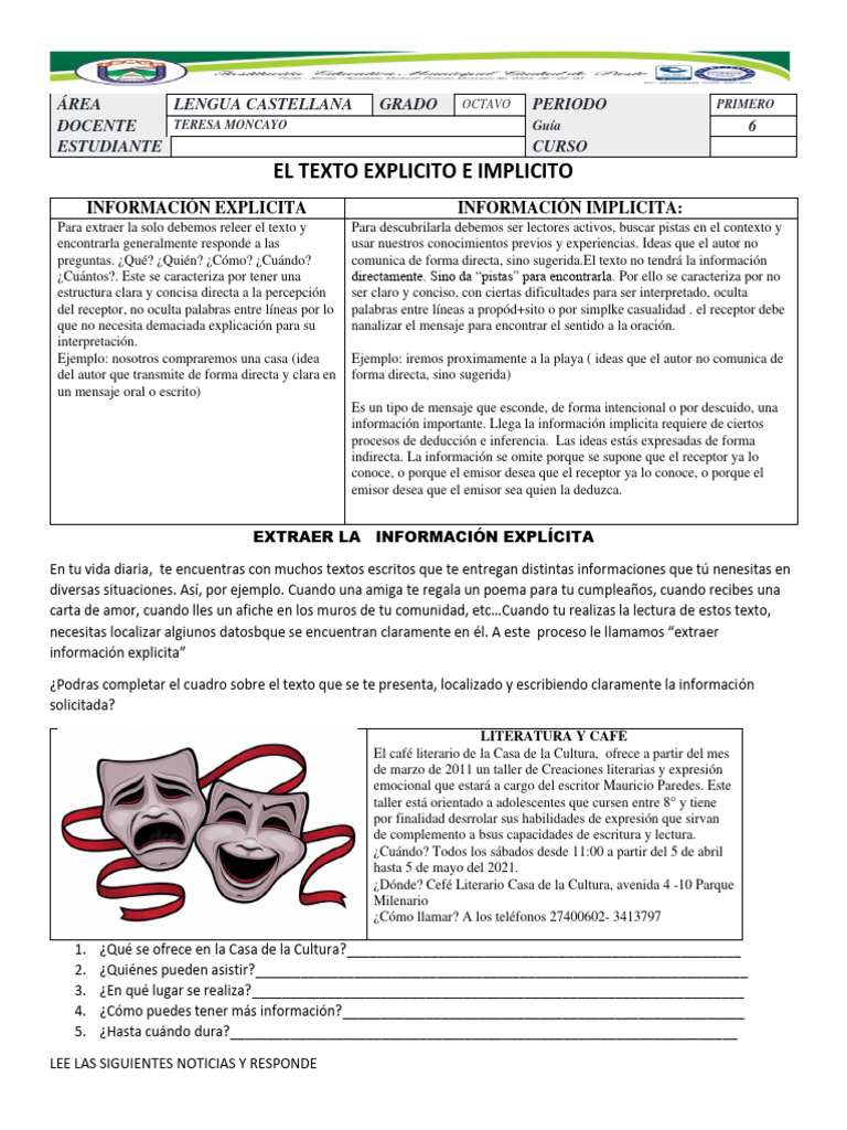 GUÍA 6 Texto Implicito y Explicito OCTAVO (1) | PDF | Información | Autor