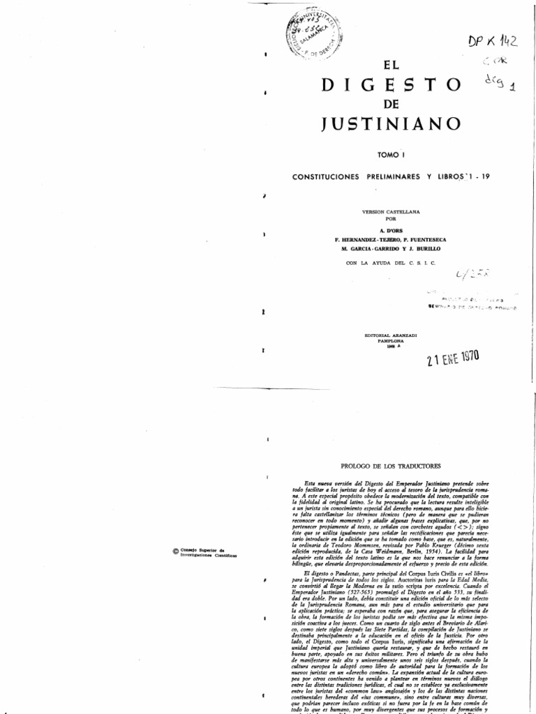 D ORS El Digesto De Justiniano T1 PDF Justiniano I Justicia