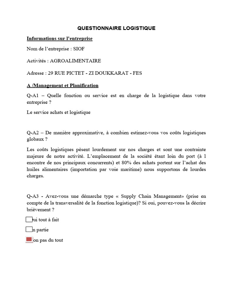 Questionnaire Logistique SIOF | PDF | Logistique | Huile d'olive
