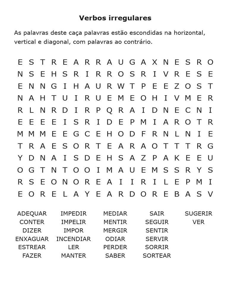Verbos Irregulares - Imprimir Caça Palavras | PDF | Artes Linguísticas ...