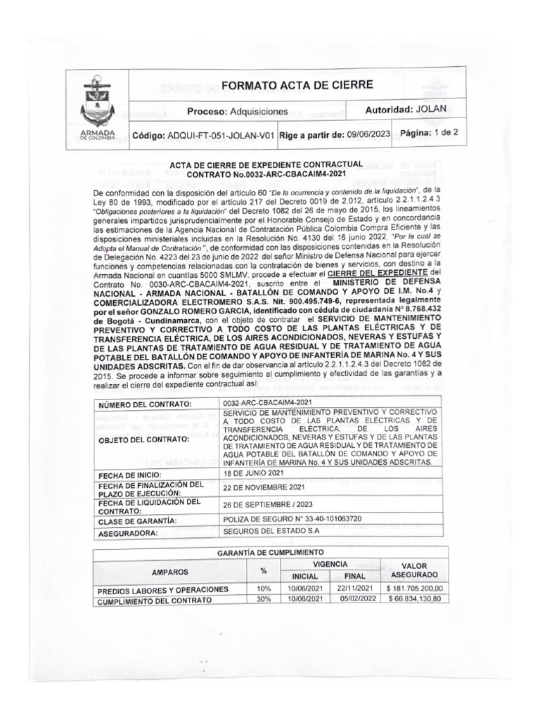 Formato Acta de Cierre 0032 2021 | PDF