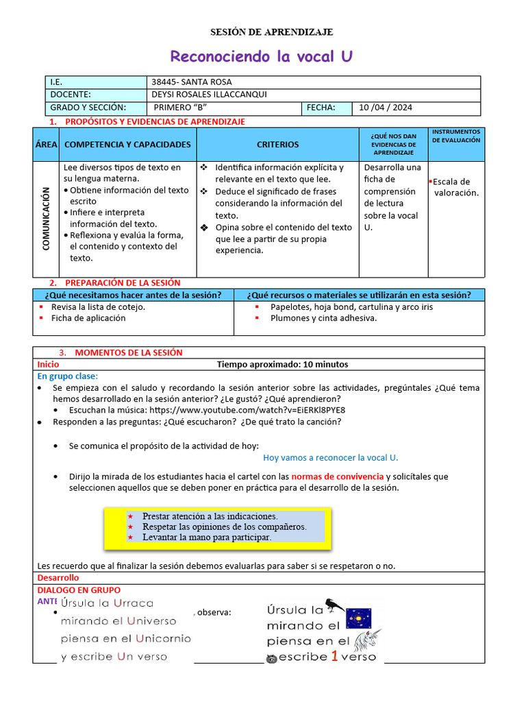 Evaluación de Comprensión de la Vocal U | PDF | Aprendizaje | Ortografía