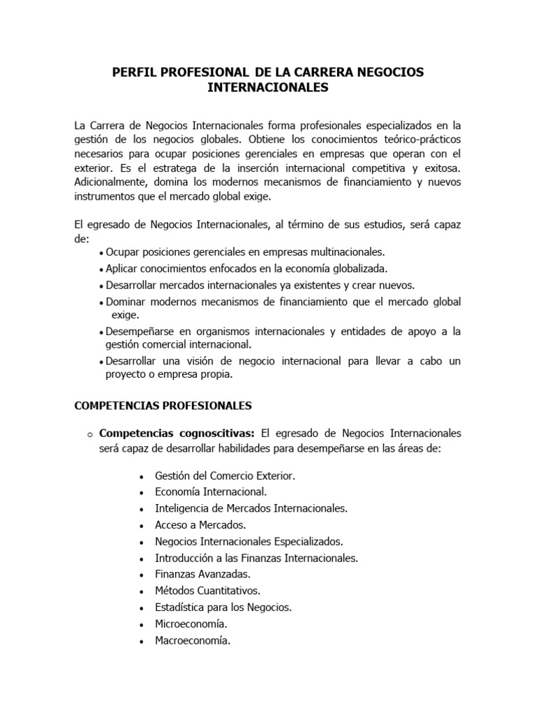 Perfil Profesional de La Carrera Negocios Internacionales | PDF ...