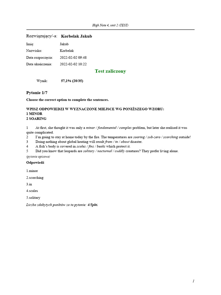High Note 4 Unit 2 Test Results | PDF | Language Arts & Discipline