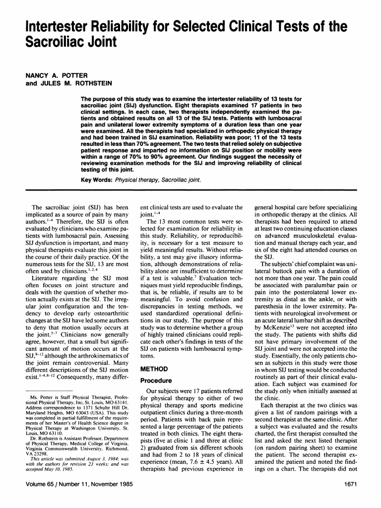 Intertester Reliability of SIJ Tests | PDF | Anatomical Terms Of Motion ...