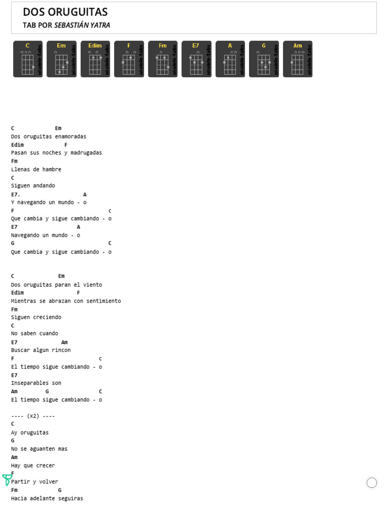 Dos Oruguitas Tab Por Sebastián Yatra Ukulele Tabs PDF