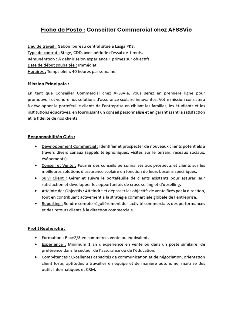 Fiche de Poste : Conseiller Commercial | PDF | Business | Gestion de la ...