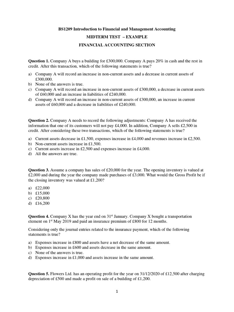 Financial Accounting Midterm Test Example | PDF | Expense | Equity ...