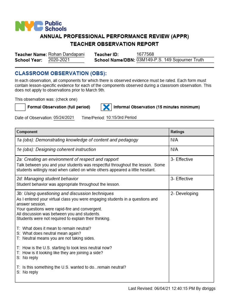 May 2021 Observation Pdf Reading Comprehension Teachers