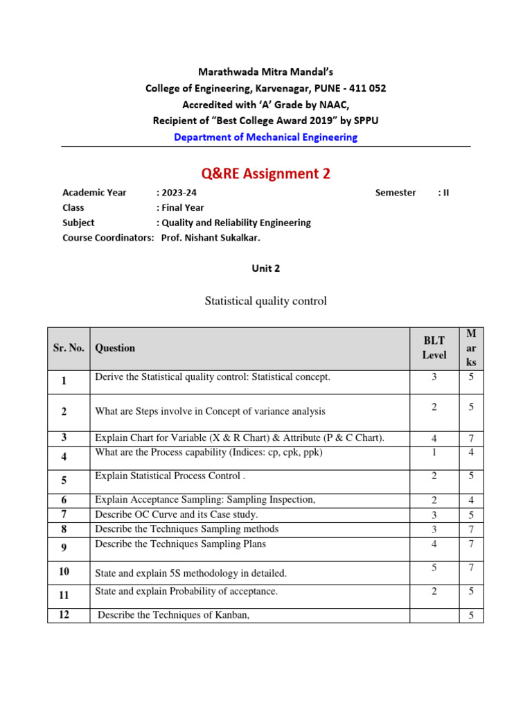 Quality and Reliability Engineering Q&RE Assignment | PDF | Statistics ...