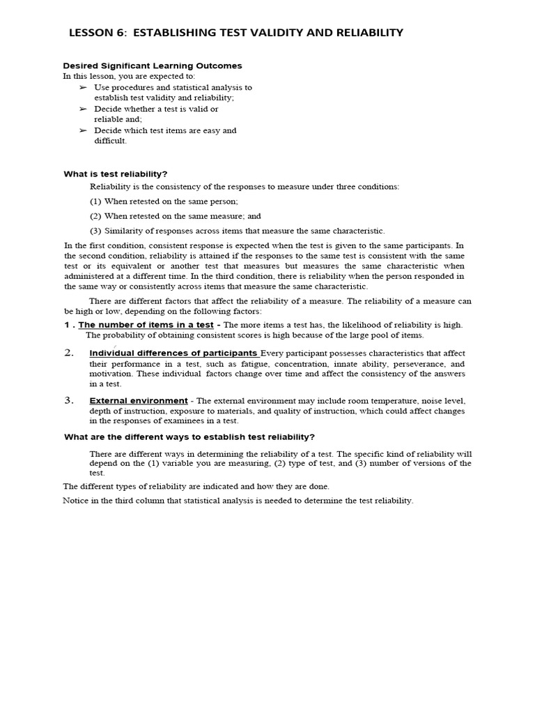Test Validity and Reliability Methods | PDF | Validity (Statistics ...