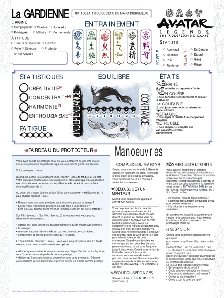 Fiche de personnage JDR Avatar | PDF