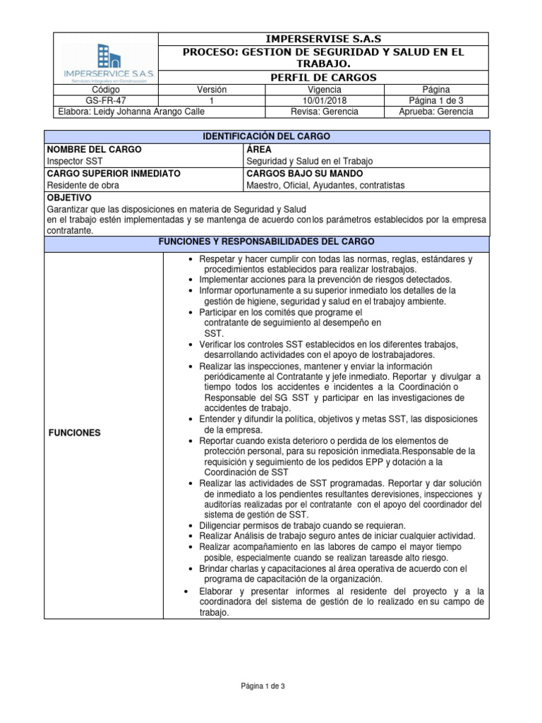 Perfil del Inspector SST en Imperservise | PDF | Business | Higiene