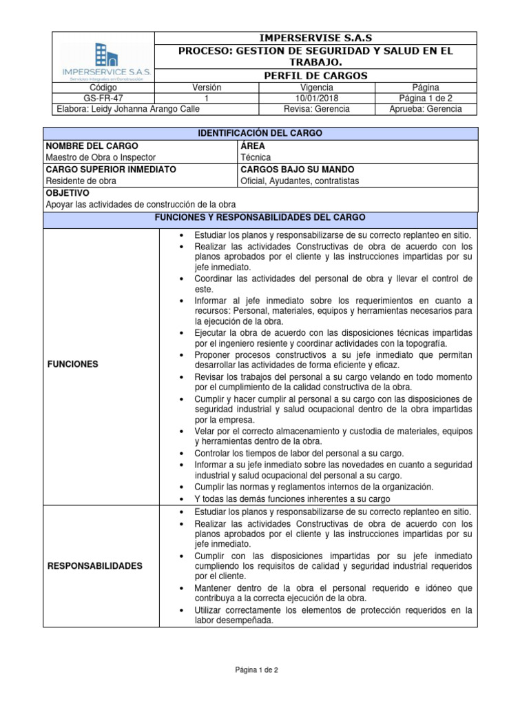 Perfil de Cargo: Maestro de Obra | PDF