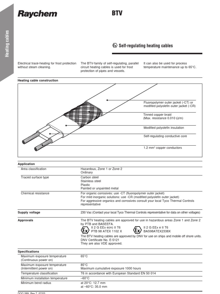 BTV Heating Cables Specifications Guide | PDF | Cable | Industries