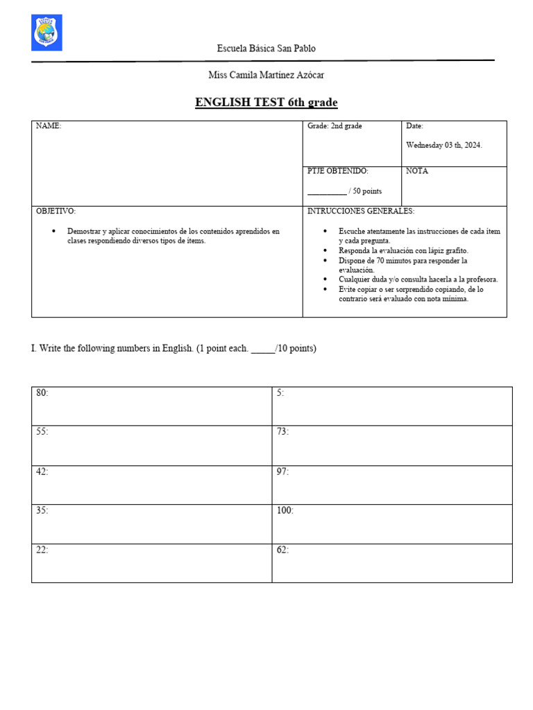 English Test 6th Grade. Unit Zero | PDF