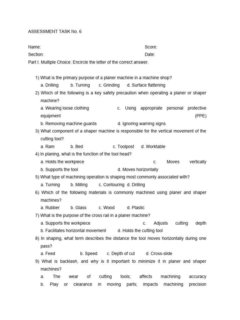 Machine Shop Assessment No. 6 | PDF | Machining | Machines