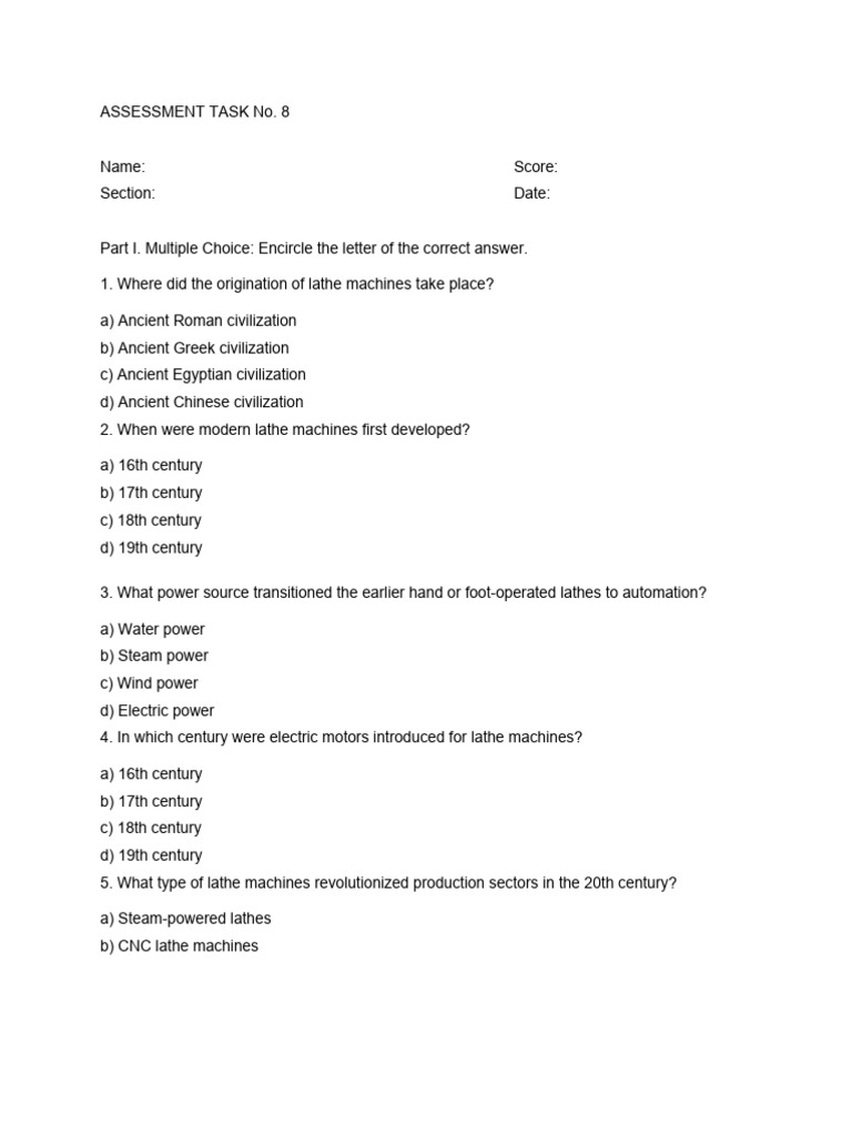 Machine Shop Assessment No. 8 | PDF | Machines | Machining