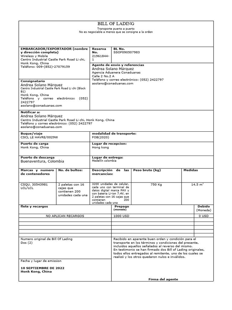 Copia De Bill Of Lading 1 Pdf Hong Kong Transporte De Mercancías