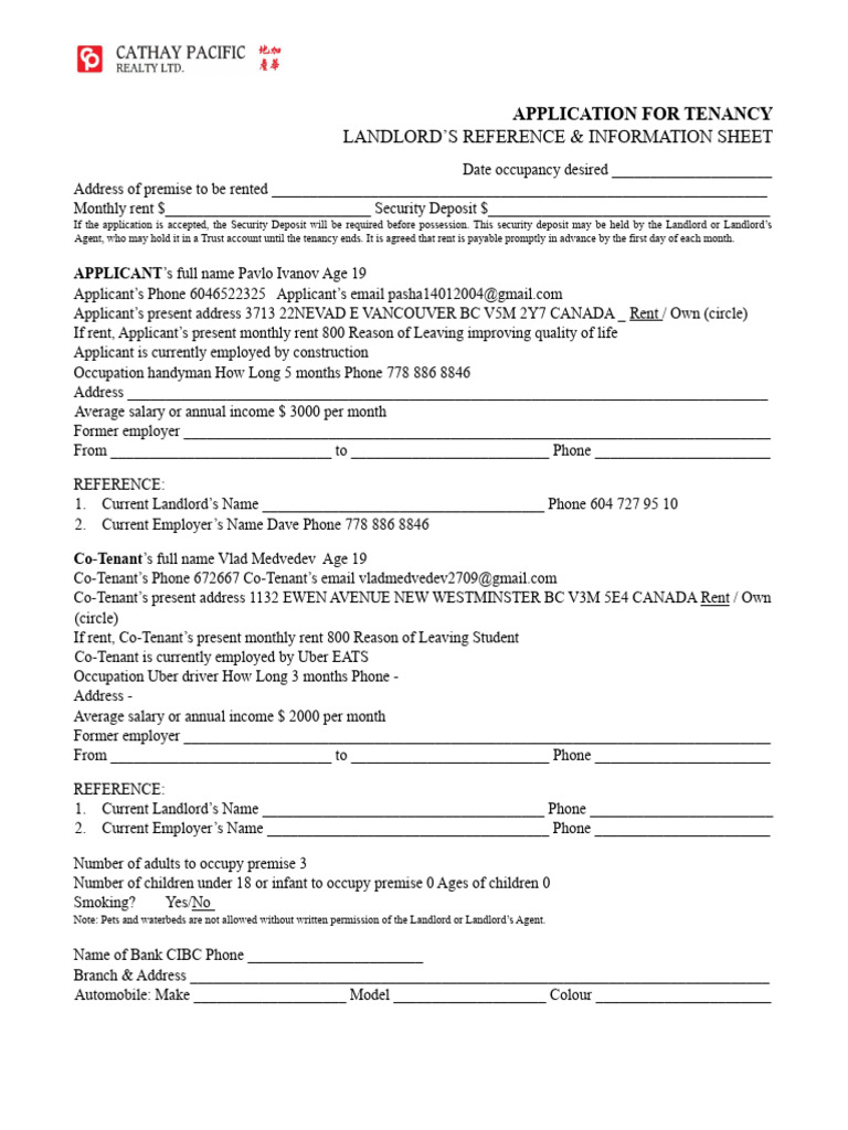 BC Rental Application Form | PDF | Landlord | Renting