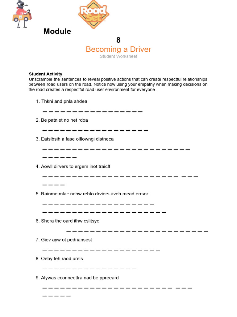 Positive Road User Actions Worksheet | PDF