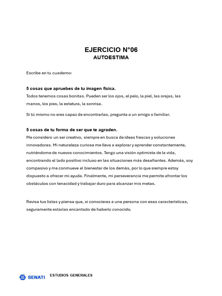 Ejercicio de Autoestima y Reflexión Personal | PDF | Autoestima ...
