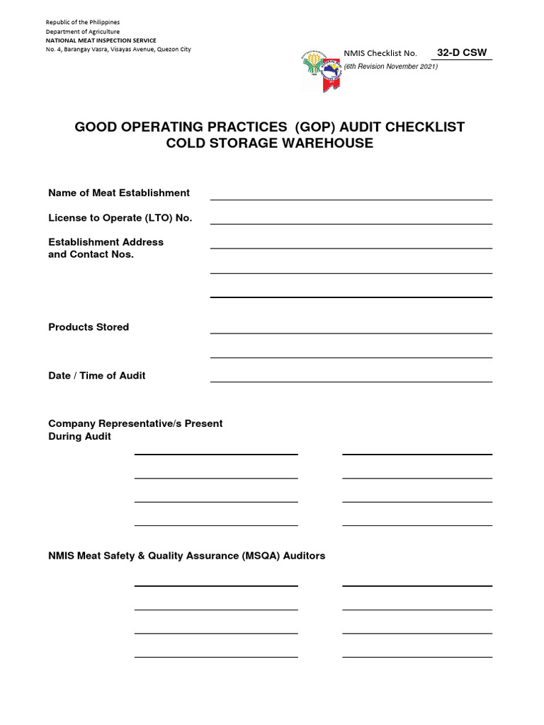 NMIS Cold Storage Audit Checklist | PDF | Personal Protective Equipment ...