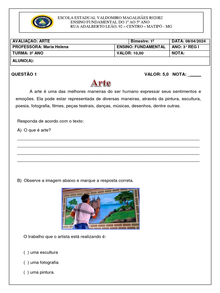 Avaliação de Arte 1º Bimestre | PDF | As artes