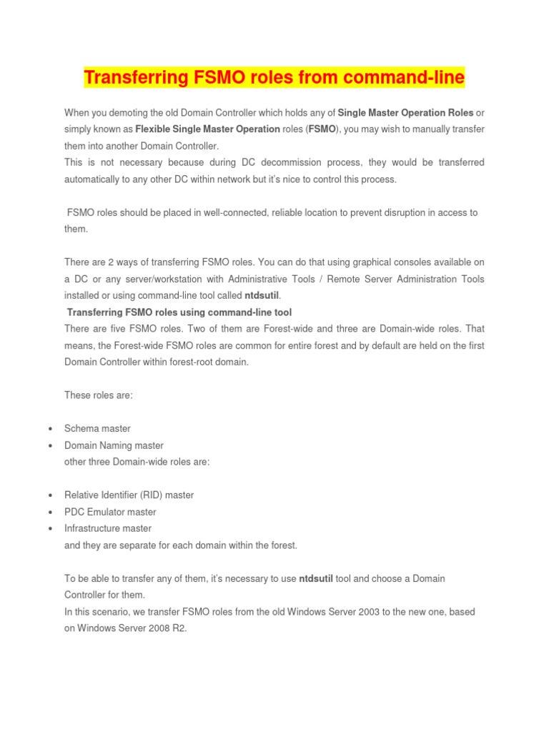 Transfer FSMO Roles via Command-Line | PDF | Microsoft Windows | System ...