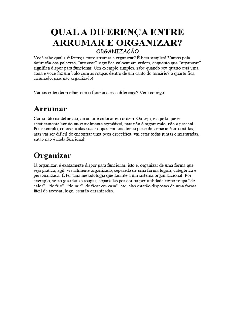 Diferenças entre Arrumar e Organizar | PDF | Roupas | Definição