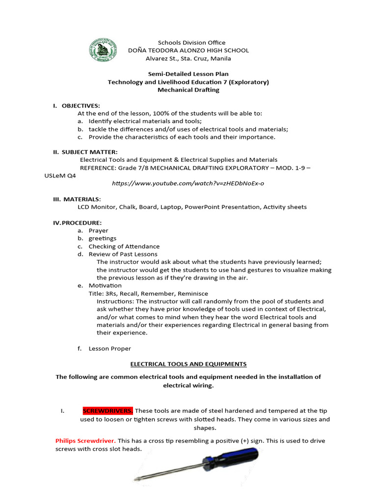 Electrical Tools and Materials Lesson Plan | PDF | Manufactured Goods ...