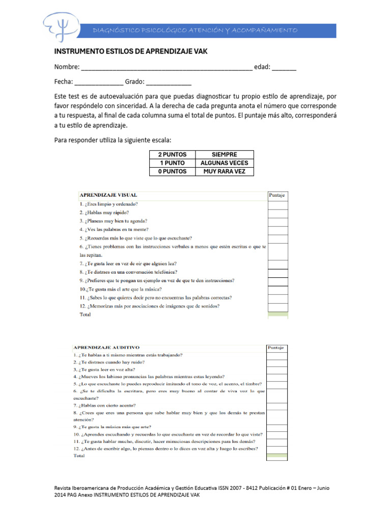 INSTRUMENTO ESTILOS DE APRENDIZAJE VAK | PDF