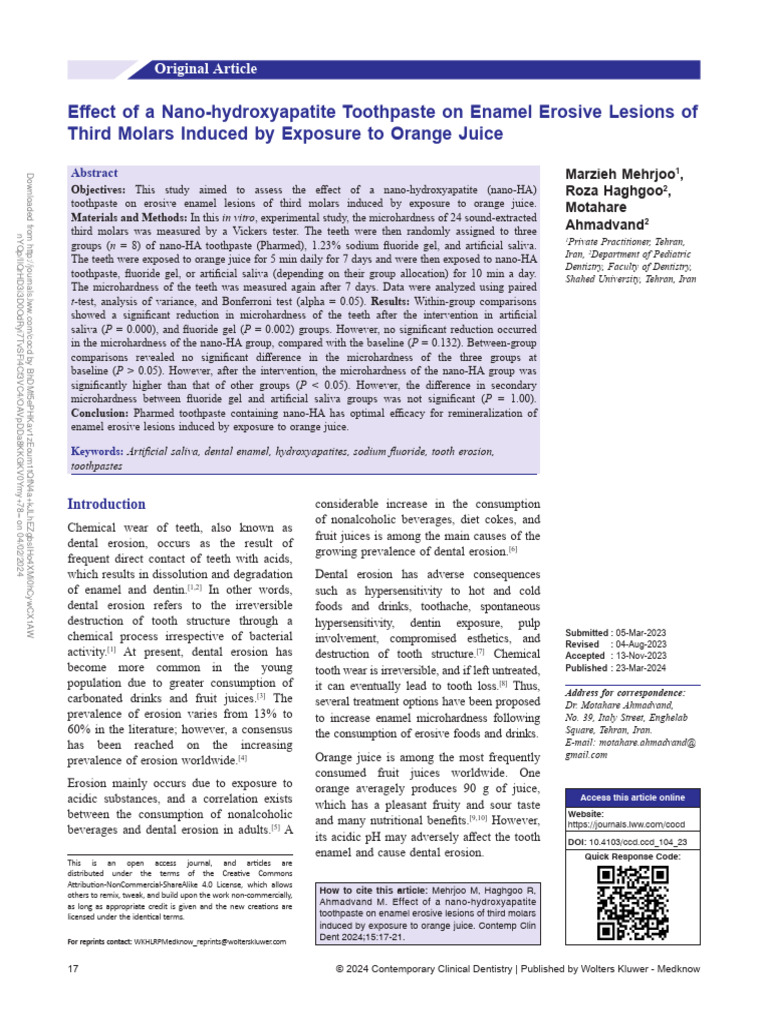 Nano-HA Toothpaste for Enamel Erosion | PDF | Tooth Enamel | Mouth