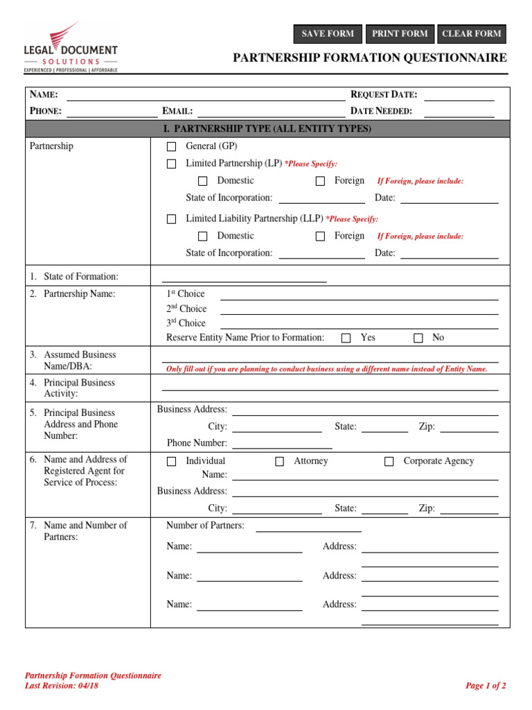 Partnership Formation Questionnaire PDF Partnership Limited