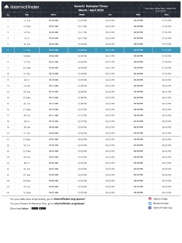 Karachi Ramadan Calendar PDF