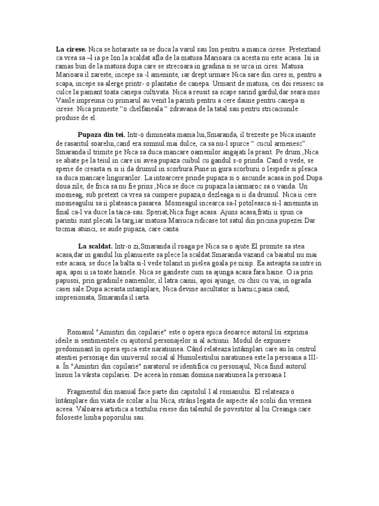 Ion Creanga Amintiri Din Copilarie Rezumat Pe Scurt Amintiri Din Copilarie Rezumat Capitole | PDF