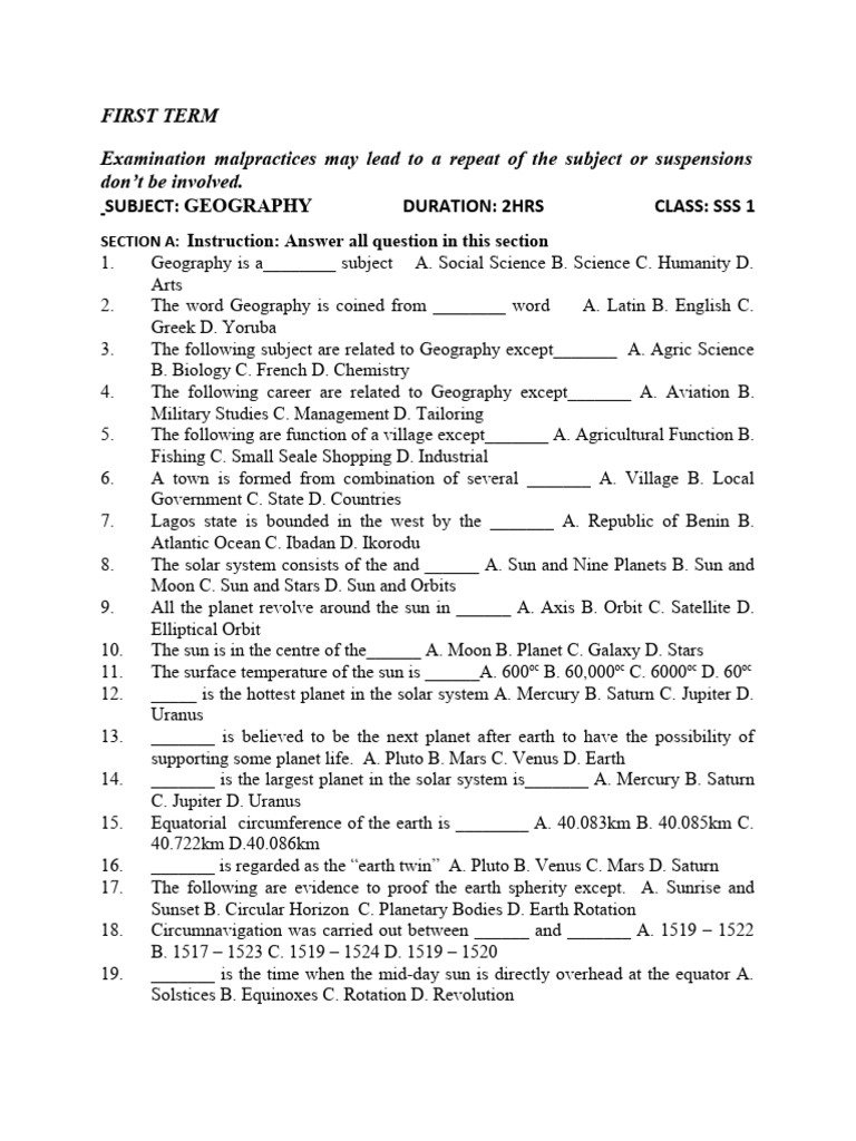 SS1 Geography Exam 2023 Now Send PDF Equator