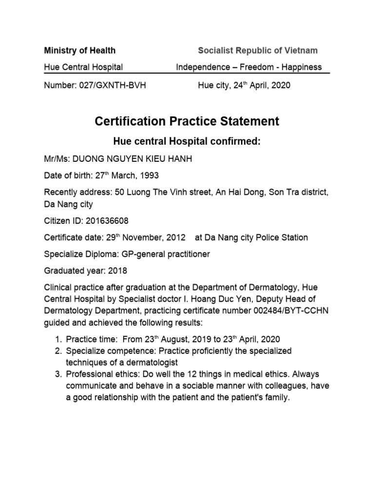 Dermatology Practice Certification Vietnam | PDF