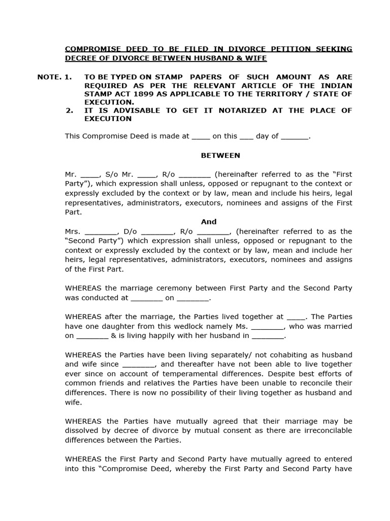 Divorce Compromise Deed Template | PDF | Alimony | Private Law