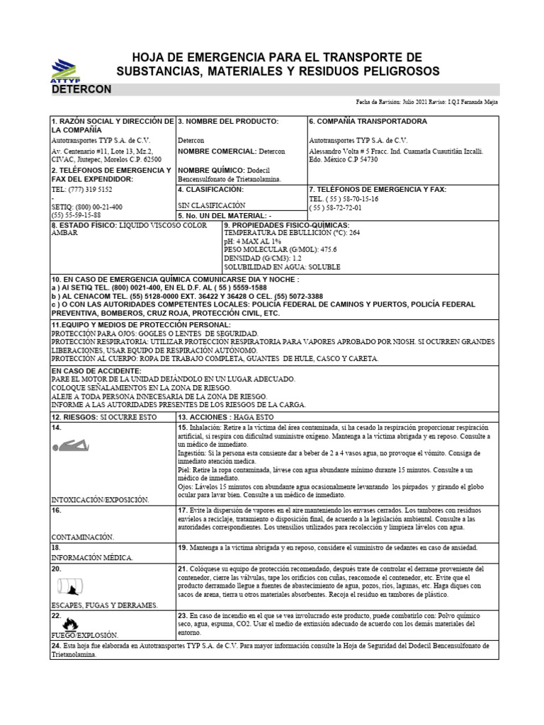 PEMEX - Hoja De Emergencia Para Transporte De Material Y Riduos