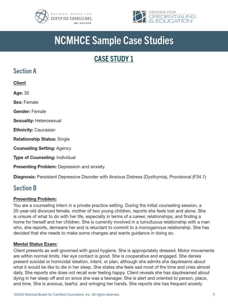 Ncmhce sample case studies pdf psychotherapy mental disorder