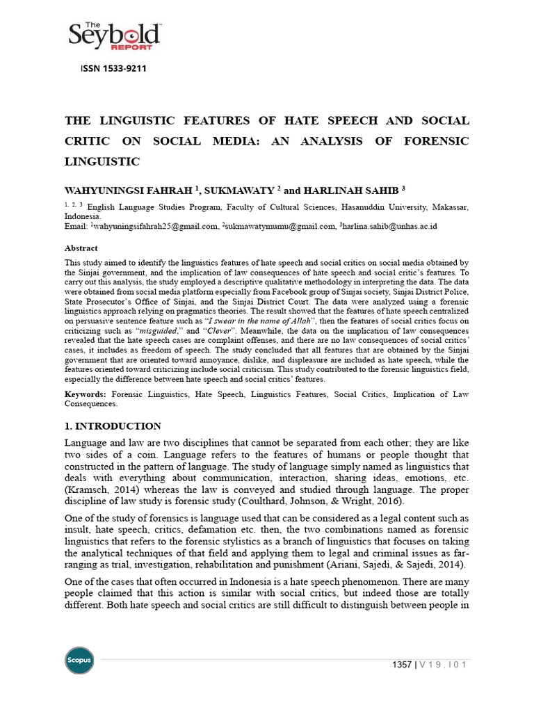 The Linguistic Features of Hate Speech and Social Critic On Social ...